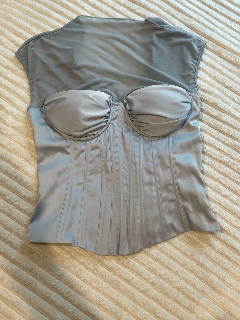 Satin Bustier Blouse in Light Gray with Sheer Yoke